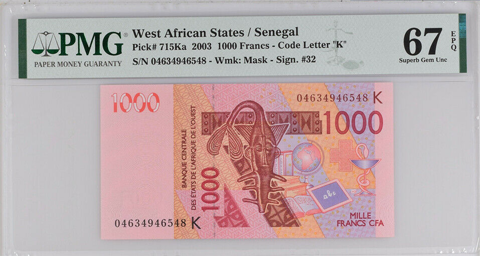 WEST AFRICAN STATE SENEGAL 1000 FR. 2003 P 715K SUPERB GEM UNC PMG 67 EPQ TOP