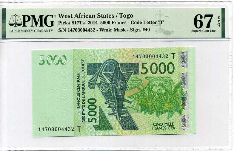 WEST AFRICAN STATES TOGO 5,000 FRA 2014 P 871TK SUPERB GEM UNC PMG 67 EPQ
