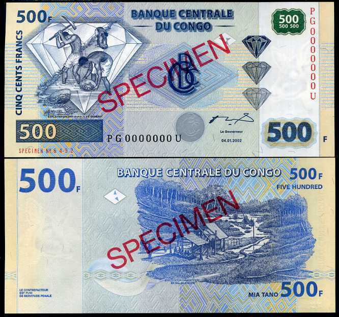 CONGO 500 FRANCS 2002 P 96 SPECIMEN PG-U UNC