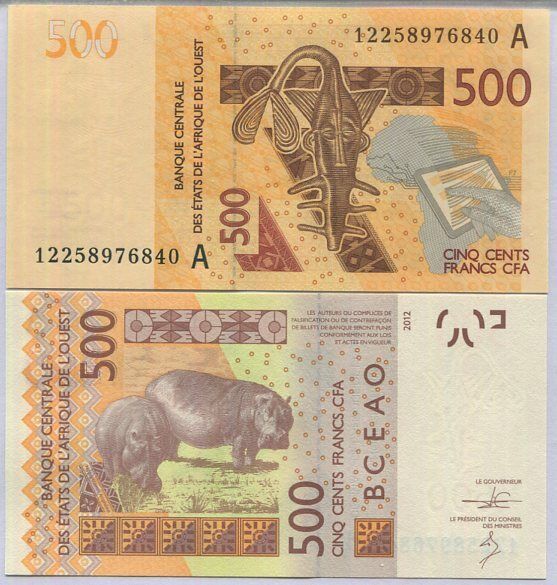 West African States Ivory Coast 500 FRANCS 2012 P 119 HIPPO UNC