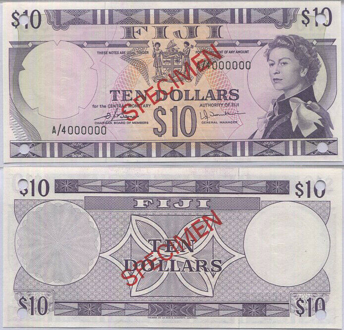 Fiji 10 Dollars QE II 1974 P 74 b Specimen A/4 000000 UNC
