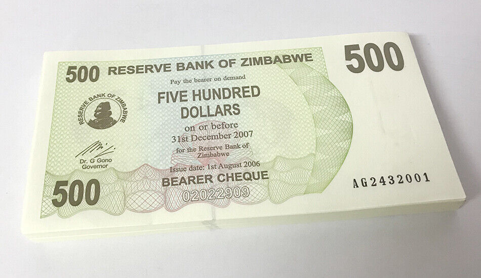 Zimbabwe 500 Dollars Bearer Cheque 2006 P 43 UNC Lot 100 PCS 1 Bundle