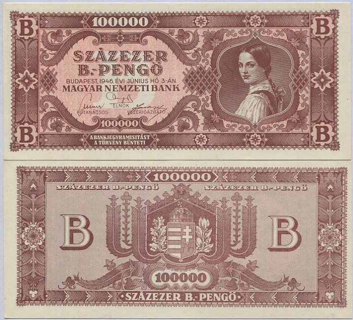 HUNGARY 100000 B. PENGO 1946 P 133 UNC