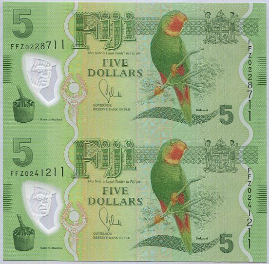 Fiji 5 Dollars 2013 P 115 Polymer UNCUT SHEET OF 2 UNC