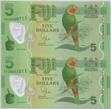 Fiji 5 Dollars 2013 P 115 Polymer UNCUT SHEET OF 2 UNC