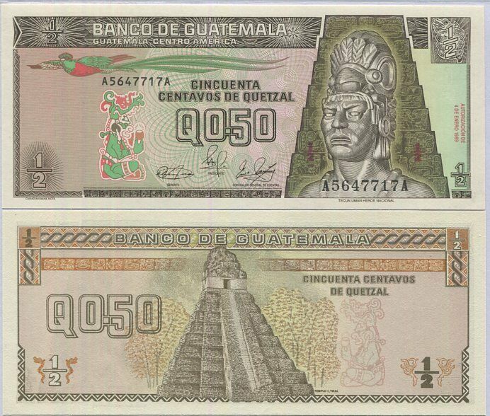 GUATEMALA 1/2, 0.5 QUETZAL 1989 P 72 UNC