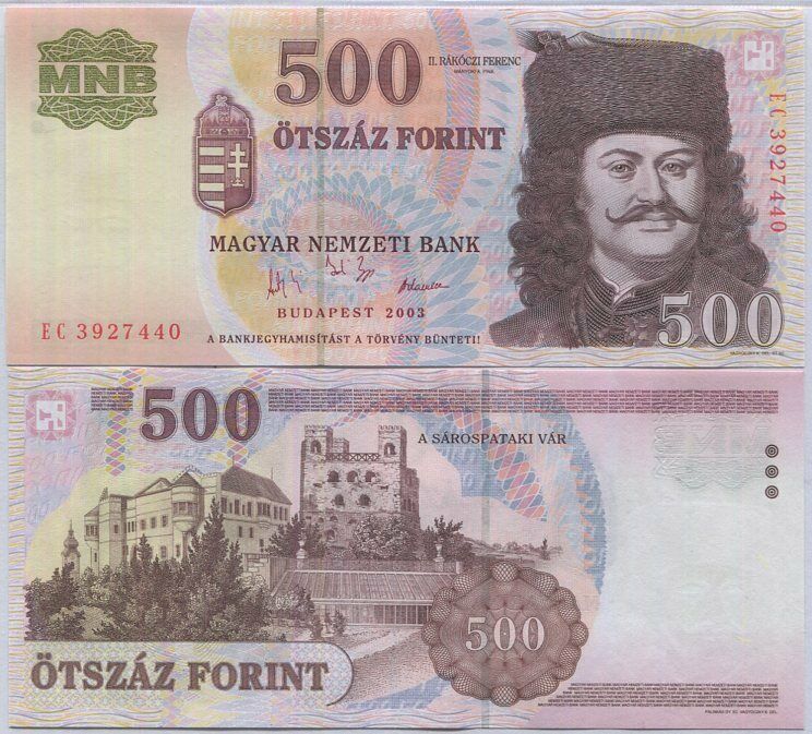 HUNGARY 500 FORINT 2003 P 188 c UNC