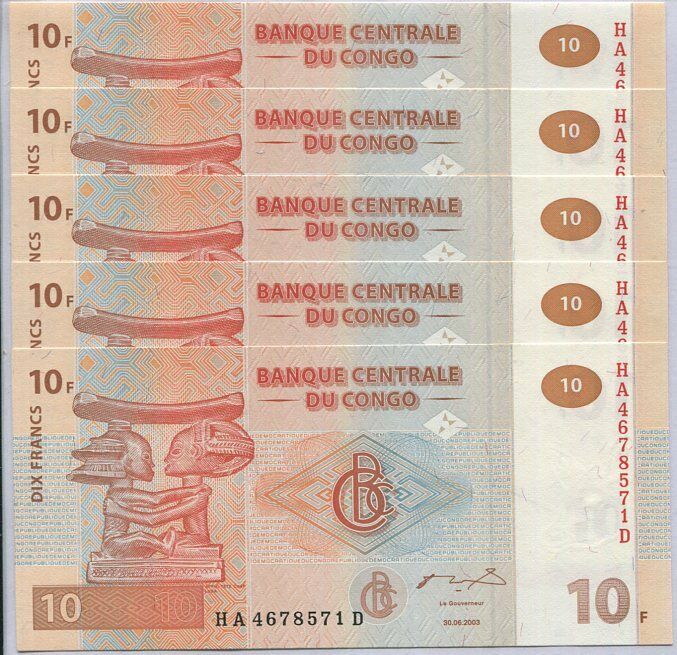 Congo 10 Francs 2003 P 93A UNC LOT 5 PCS