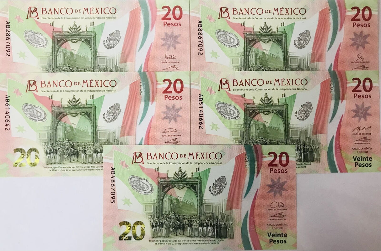Mexico Set 5 PCS 20 Pesos 2021 AB Prefix 5 Different Sign UNC