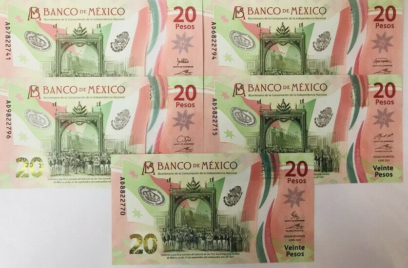 Mexico Set 5 PCS 20 Pesos 2021 AD Prefix 5 Different Sign UNC