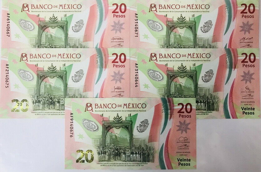 Mexico Set 5 PCS 20 Pesos 2021 AF Prefix 5 Different Sign UNC