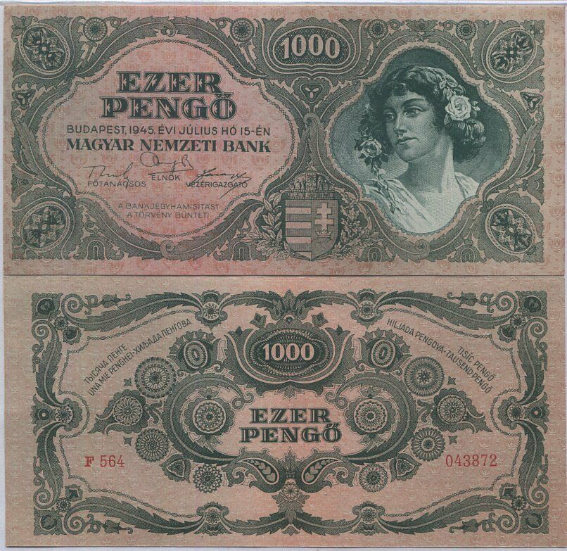 HUNGARY 1000 PENGO 1945 P 118 AUnc