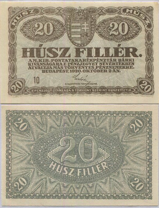 HUNGARY 20 Filler 1920 P 43 aUNC