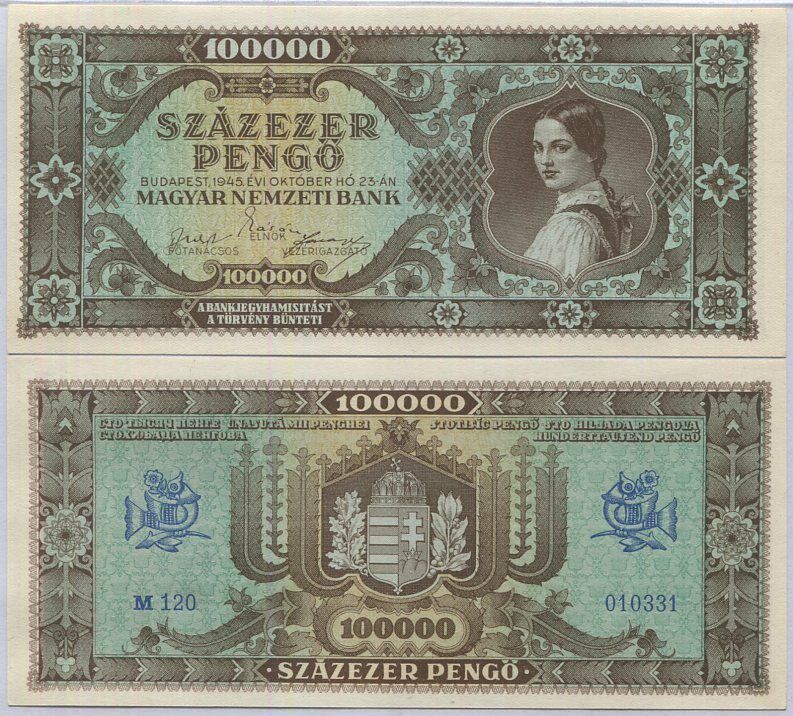 Hungary 100000 Pengo 1945 P 121 UNC