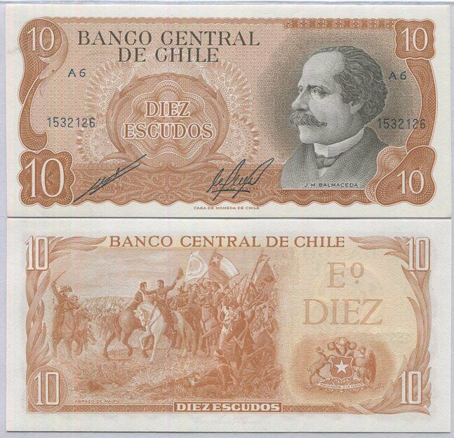 Chile 10 Escudos ND 1967-76 Sign Eduardo Cano Quijada P 143 UNC