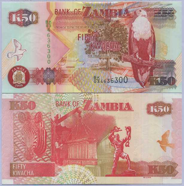 ZAMBIA 50 KWACHA 2008 P 37 f ABOUT UNC