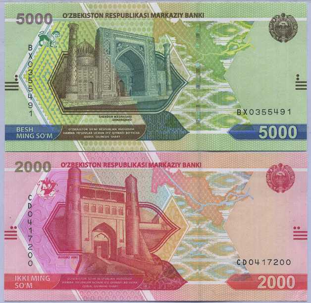 Uzbekistan Set 2 PCS 2000 5000 Som 2021 P New UNC