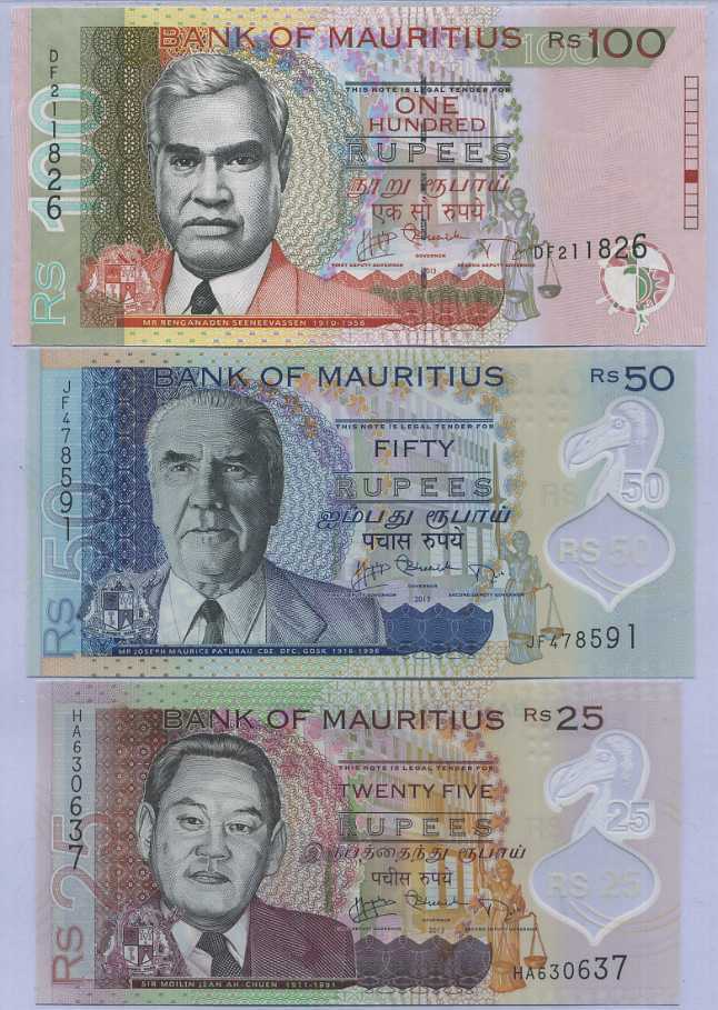 Mauritius SET 3 PCS 25 50 100 Rupees 2013 P 56 64 65 Polymer+Pepper UNC
