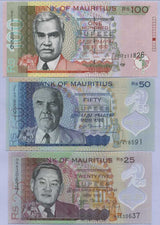 Mauritius SET 3 PCS 25 50 100 Rupees 2013 P 56 64 65 Polymer+Pepper UNC