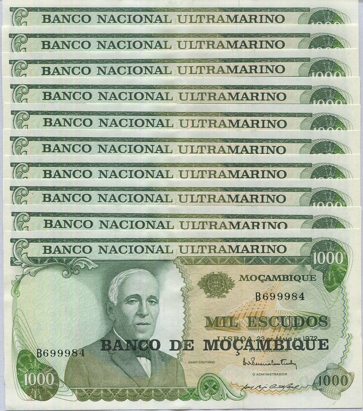 Mozambique 1000 Escudos 1972/1976 P 119 AUnc Lot 10 PCS