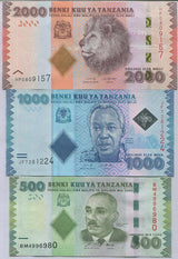 TANZANIA SET 3 UNC 500 1000 2000 SHILLING 2010-2020 P 40 41 42