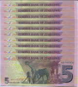 Zimbabwe 5 Dollars 2019 P 102 UNC LOT 10 PCS