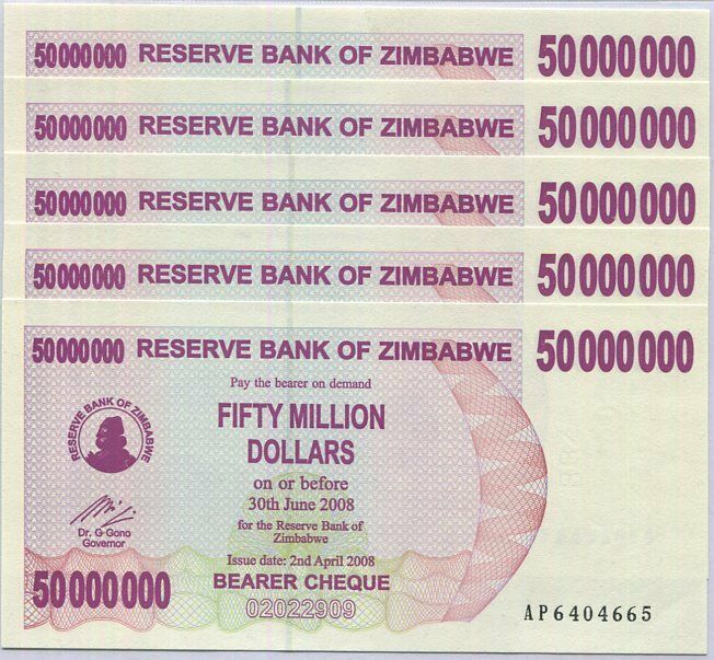 Zimbabwe 50 Million Dollar 2008 P 57 UNC LOT 5 PCS