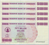 Zimbabwe 50 Million Dollar 2008 P 57 UNC LOT 5 PCS