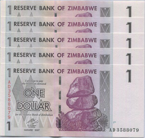 Zimbabwe 1 Dollar 2007 P 65 UNC LOT 5 PCS