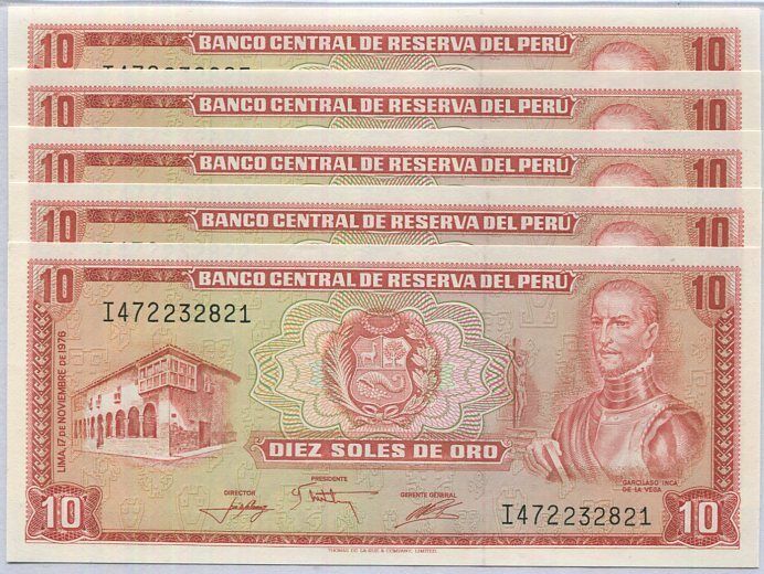 Peru 10 Sules De Ore 1976 P 112 UNC LOT 5 PCS