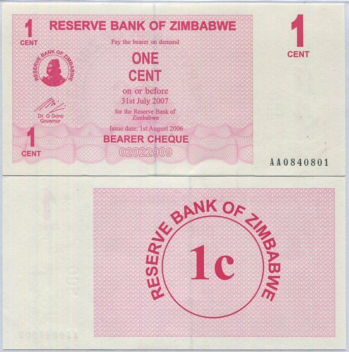 Zimbabwe 1 Cents 2007 P 33 UNC