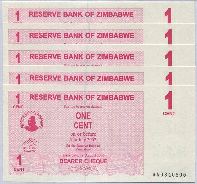 Zimbabwe 1 Cents 2007 P 33 UNC LOT 5 PCS