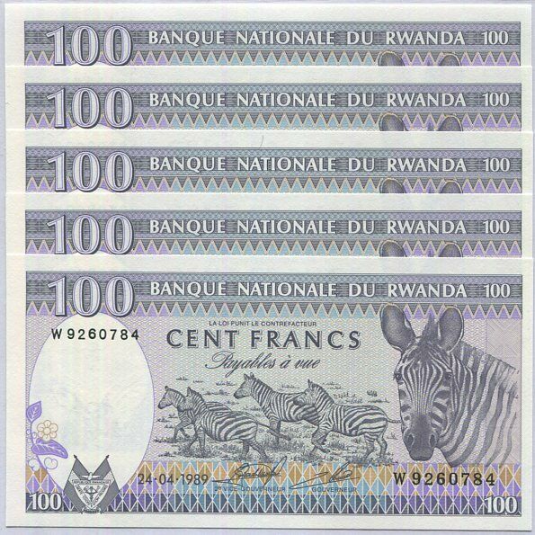 Rwanda 100 Francs 1989 P 19 UNC Lot 5 PCS