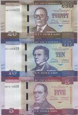 Liberia Set 3 Pcs 5 10 20 Dollars Mixed Year P 31 32 33 UNC