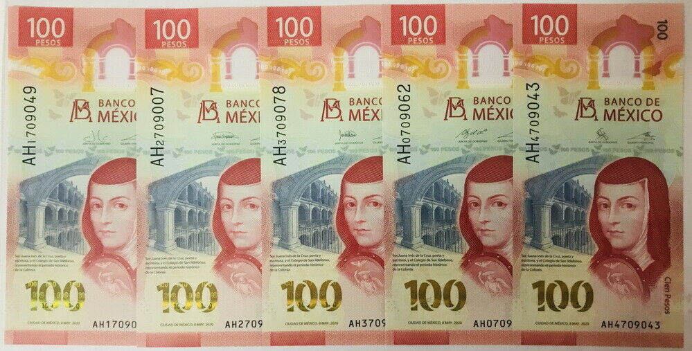 Mexico Set 5 PCS 100 Pesos 2020 P 131 AH Prefix 5 Different UNC