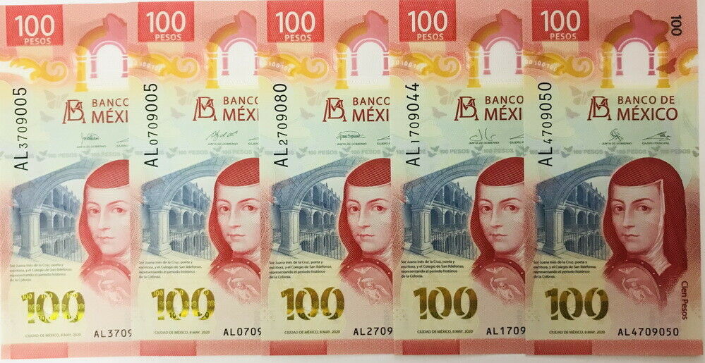 Mexico Set 5 PCS 100 Pesos 2020 P 131 AL Prefix 5 Different UNC