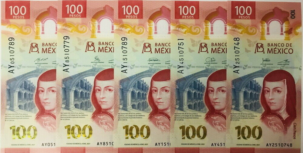 Mexico Set 5 PCS 100 Pesos 2020 P 131 AY Prefix 5 Different UNC