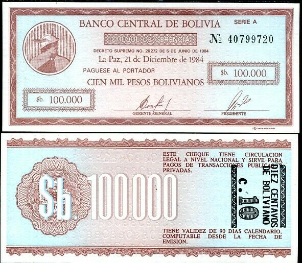 Bolivia 10 Cent. on 100000 Pesos 1984 P 197 AUnc