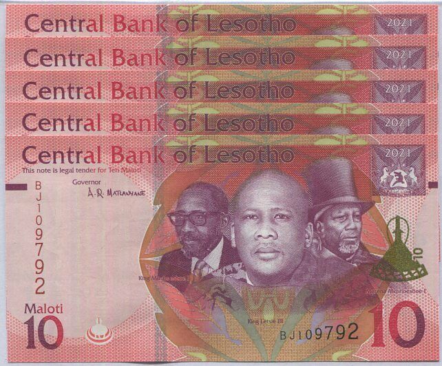 Lesotho Notes Lesotho 10 Maloti 2021 P NEW Symbol + Sign LOT 5 UNC – Noteshobby