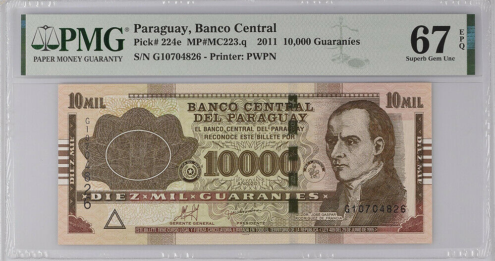 Paraguay 10000 Guaranies 2011 P 224 Superb Gem UNC PMG 67 EPQ New Label