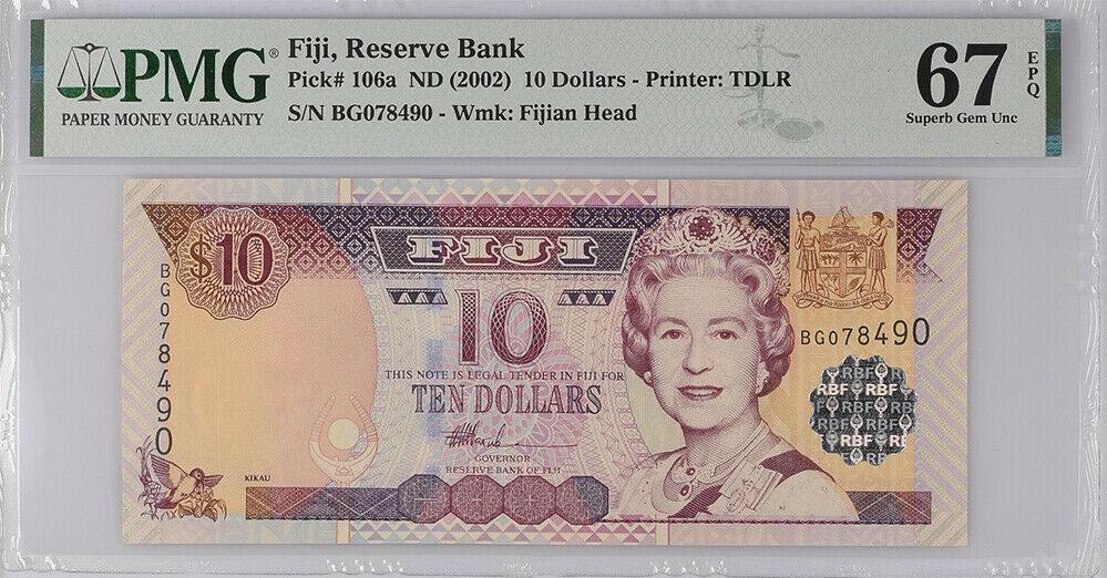 Fiji 10 Dollars ND 2002 P 106 QE II Superb Gem UNC PMG 67 EPQ Top Pop
