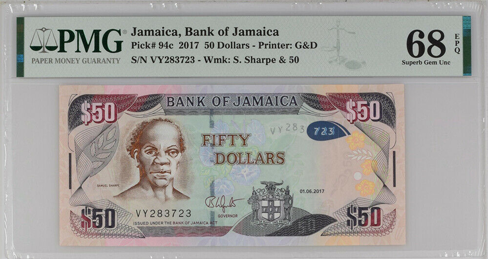Jamaica 50 Dollars 2017 P 94 c Superb GEM UNC PMG 68 EPQ HIGH