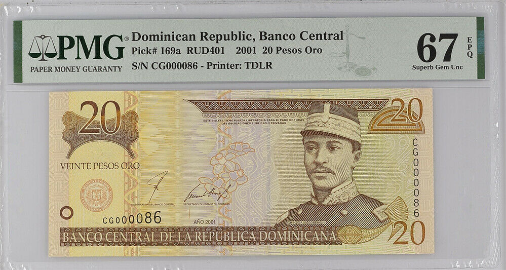 Dominican Republic 20 Pesos 2001 P 169 c Low #86 Superb GEM UNC PMG 67 EPQ