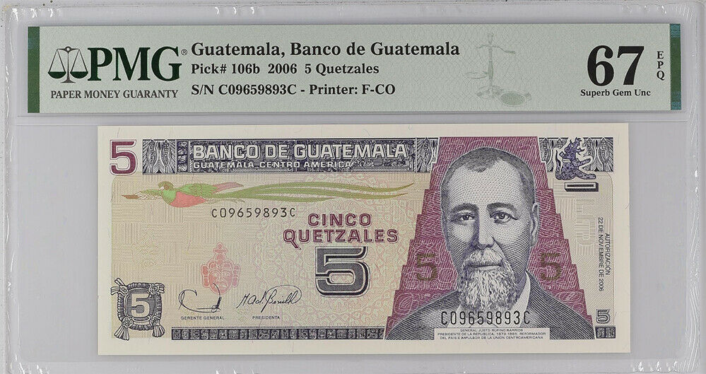 Guatemala 5 Quetzales 2006 P 106 b Gem UNC PMG 67 EPQ Top Pop