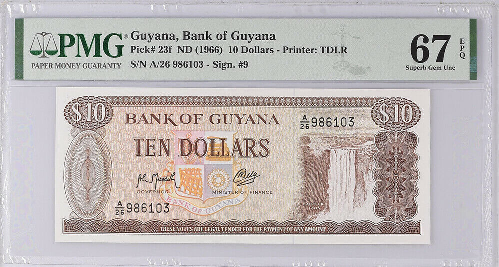 Guyana 10 Dollar 1992 P 23 f Superb Gem UNC PMG 67 EPQ Top Pop