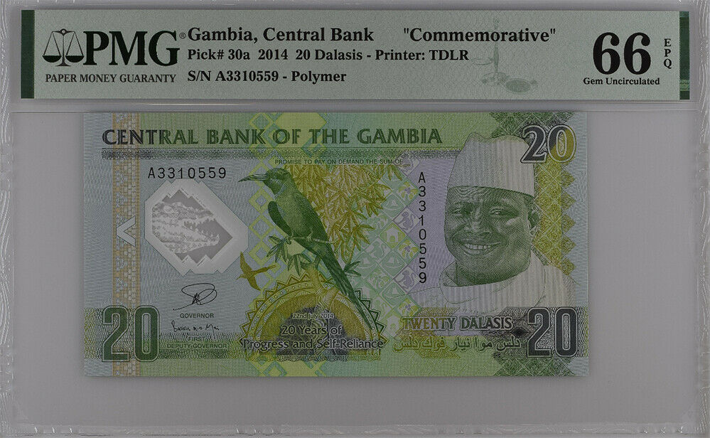 Gambia 20 DALASIS 2014 Polymer Comm. P 30 a Gem PMG 66 UNC EPQ