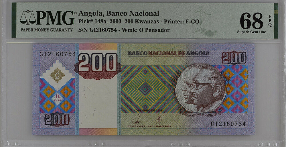 Angola 200 Kwanzas 2003 P 148 a Superb Gem UNC PMG 68 EPQ