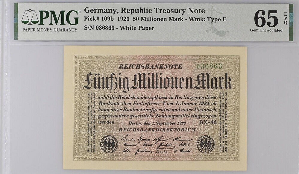 GERMANY 50 Millionen Mark Republic Treasury 1923 P 109 b GEM UNC PMG 65 EPQ
