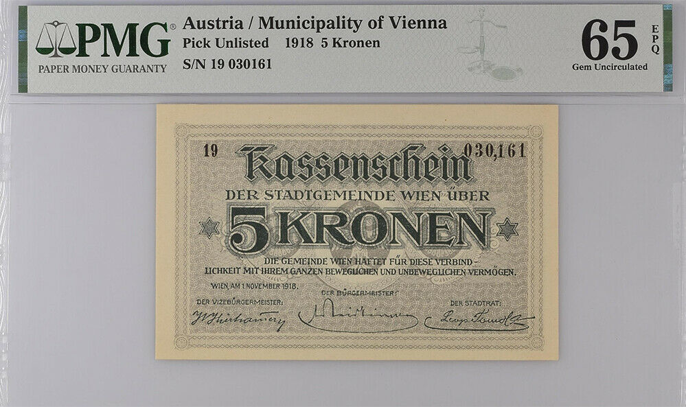 Austria 5 Kronen 1918 Municipality of Vienna P NL Gem UNC PMG 65 EPQ