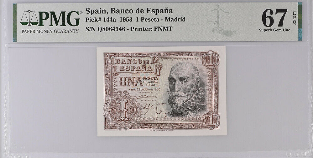 Spain 1 Peseta 1953 P 144 SUPERB GEM UNC PMG 67 EPQ HIGH